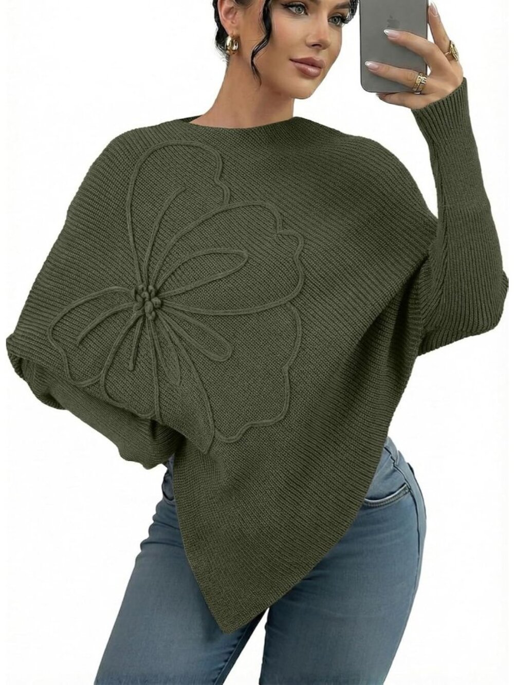 Women's Green Oversized Long Sleeve Crewneck Asymmetrical Fashion Sweater
